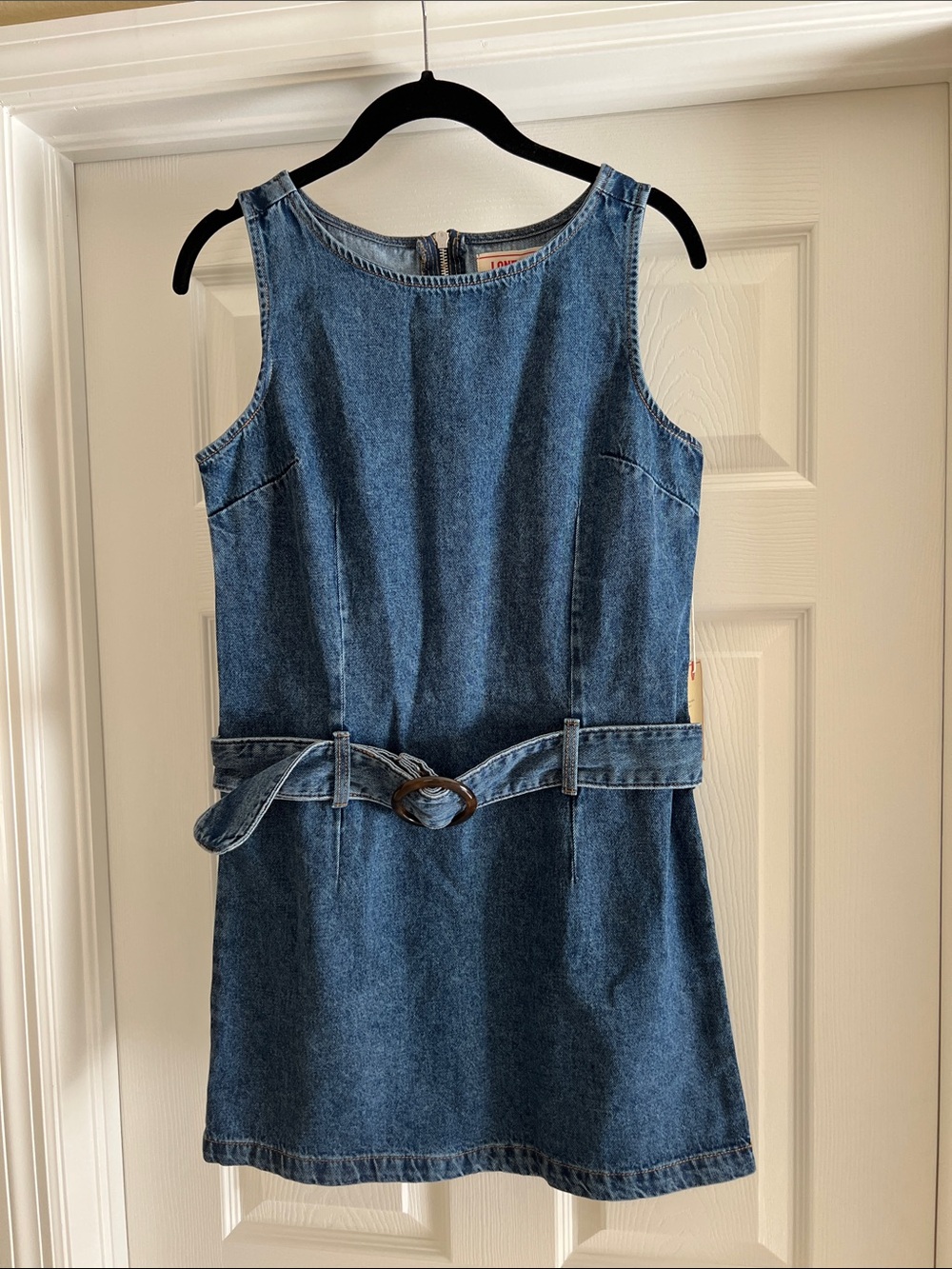 Sleeveless Blue Denim Mini Dress with Self-Tie Belt